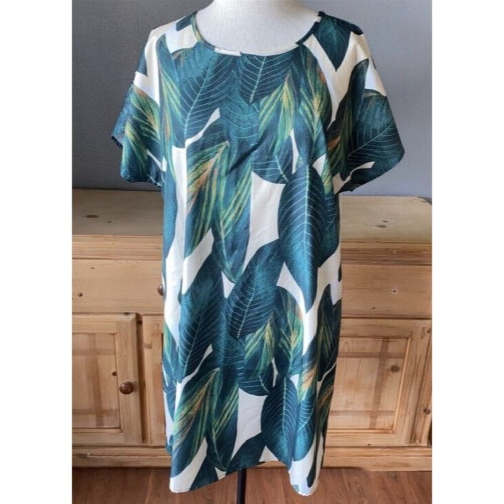 SHEIN Dress Women's Size Large Short Sleeve Beige Green Leaves Print Knee Length